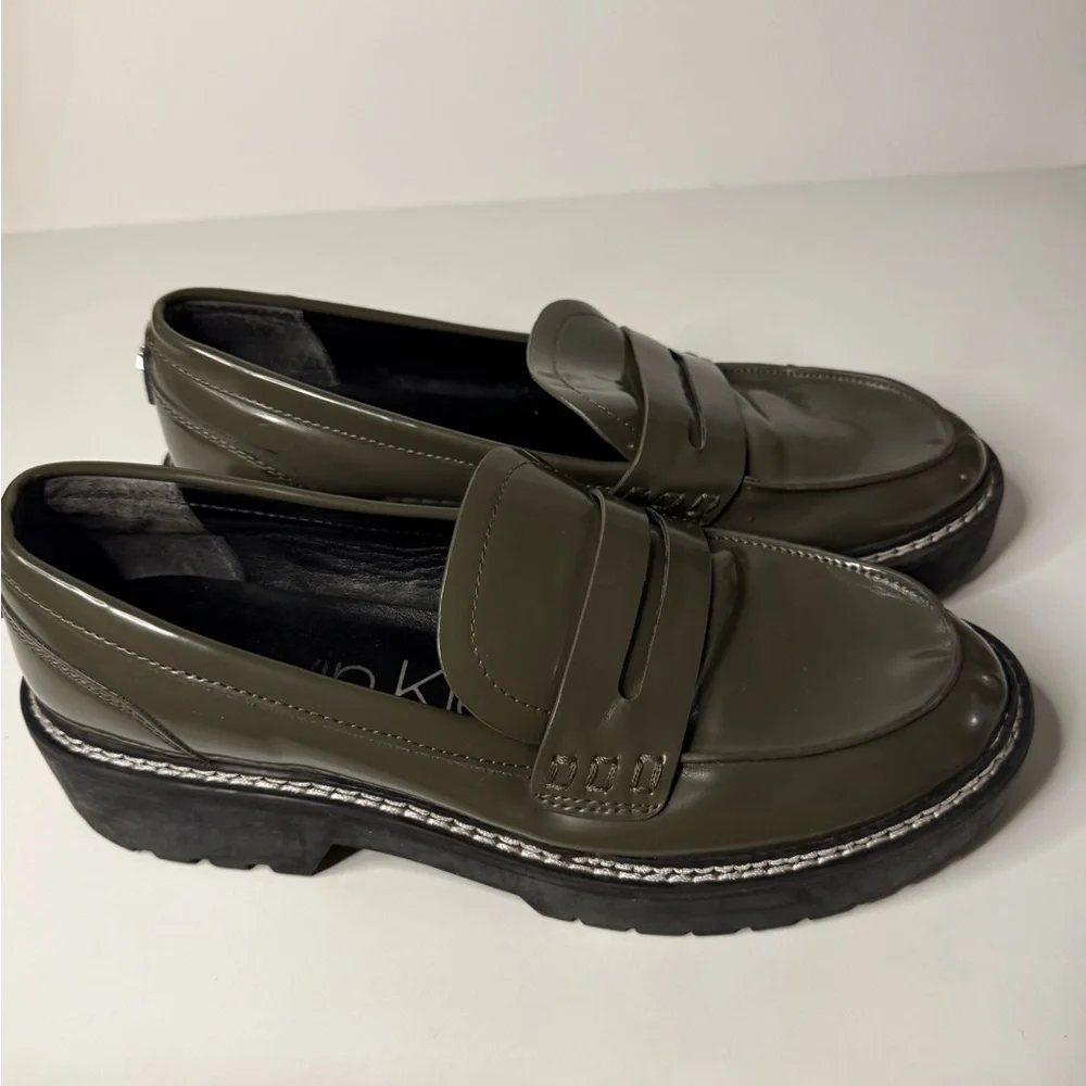 Calvin Klein Olive Green Patent ‘Suzie’ Loafers - Picture 2 of 7